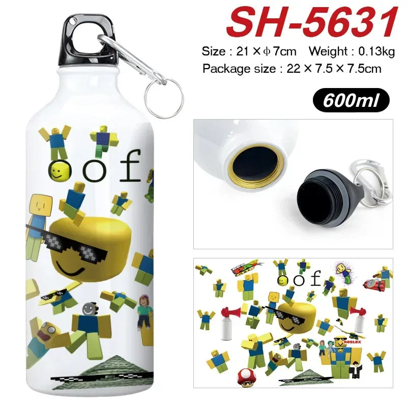 White water bottle with colorful design and carabiner, featuring product details.