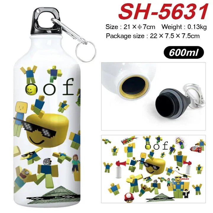 White water bottle with colorful design and carabiner, featuring product details.