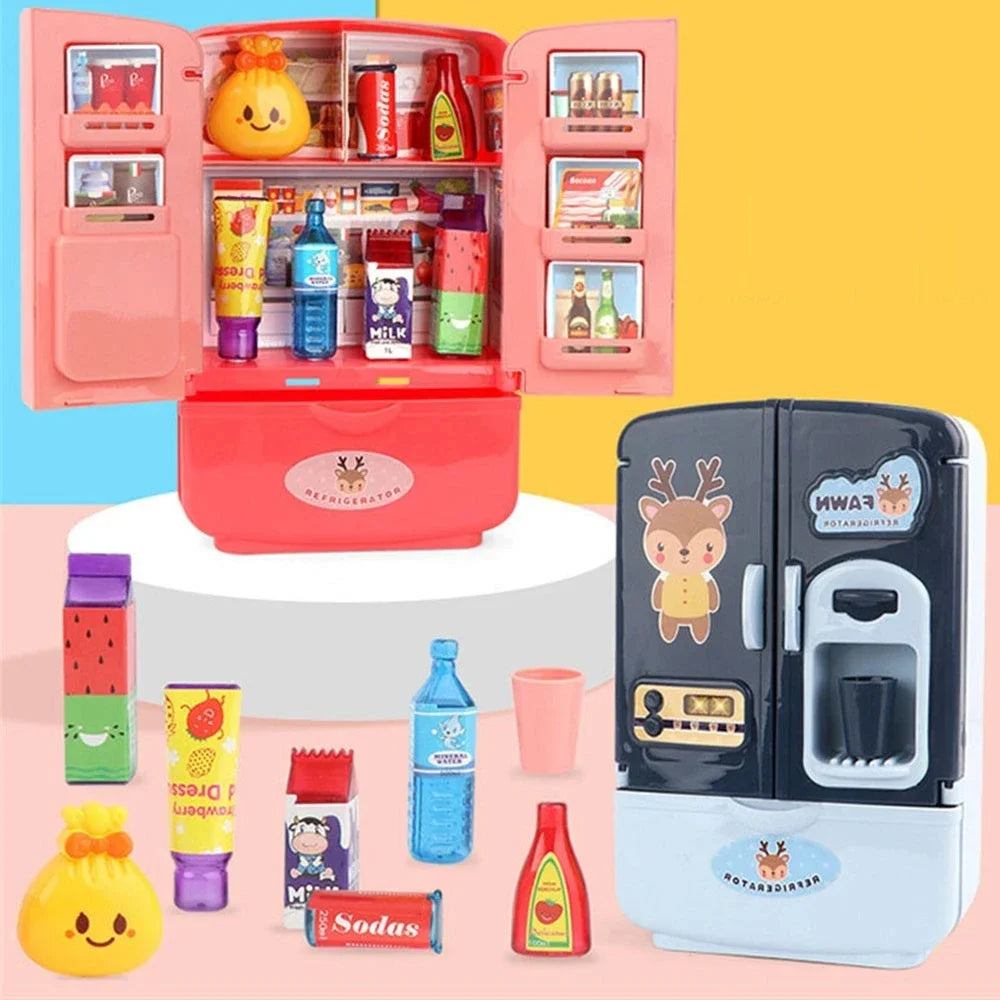 Toy mini fridges with various toy food items on a colorful background.