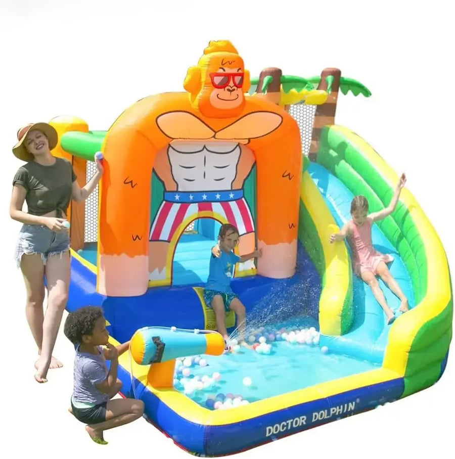 Dolphin Inflatable Water Slide Kids Water Park with Splash Pool and Long Slide