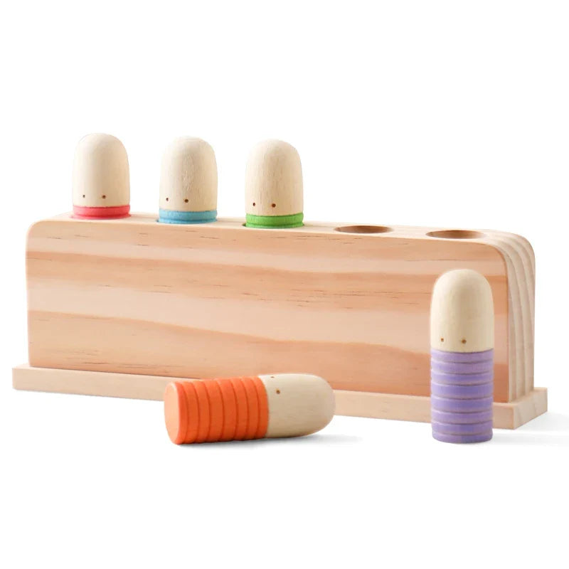 Wooden toy with colorful pegs on a white background.