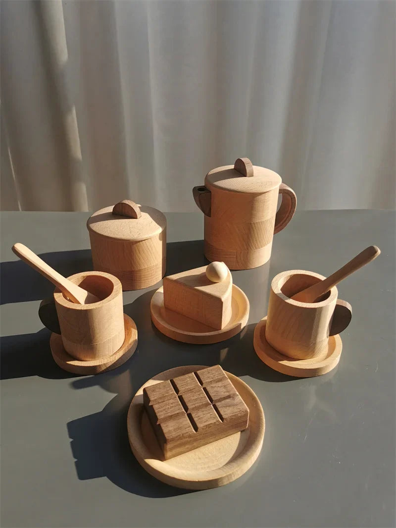 Wooden Pretend Play Kitchen Set Coffee Machine and Tea Party Toys