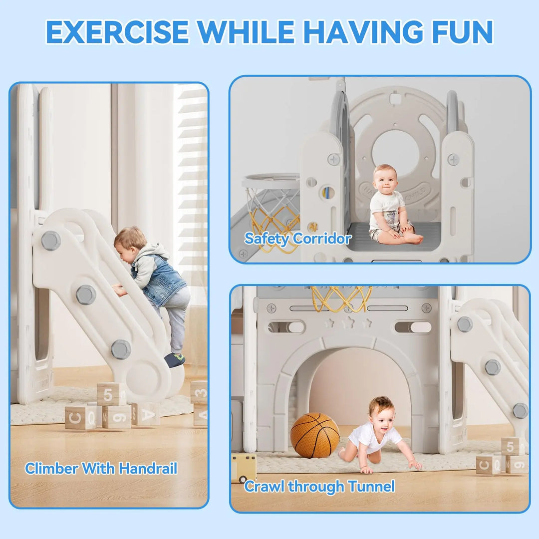 Children playing on a play structure with text Exercise While Having Fun.