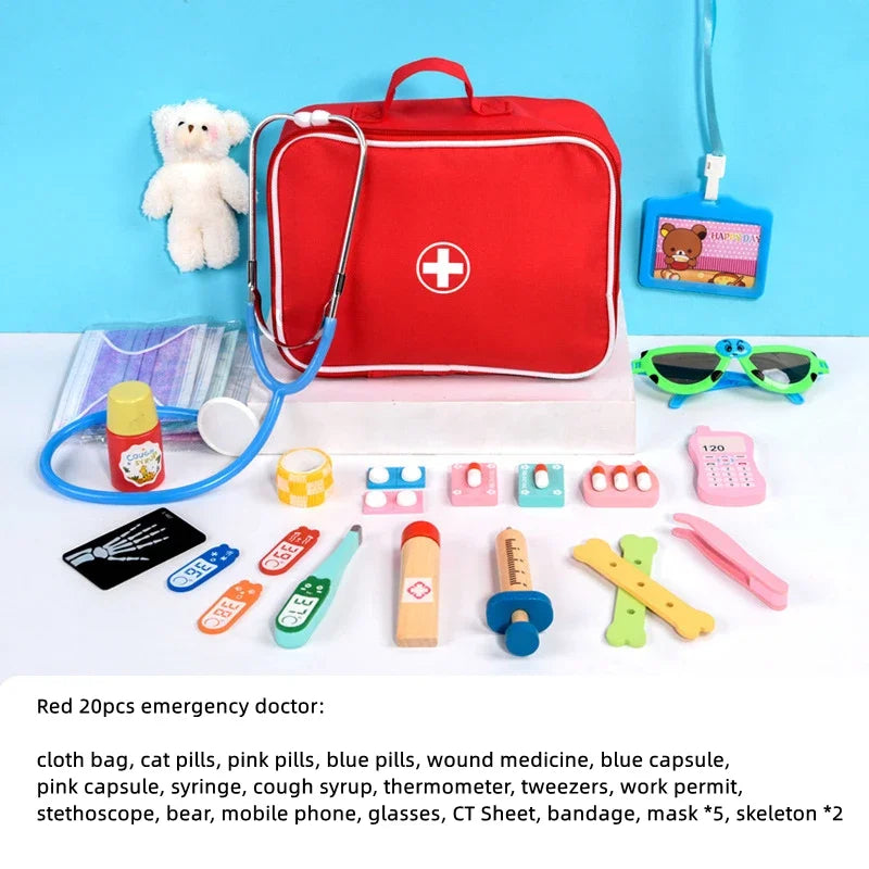 Red emergency doctor kit with medical accessories on a blue background.