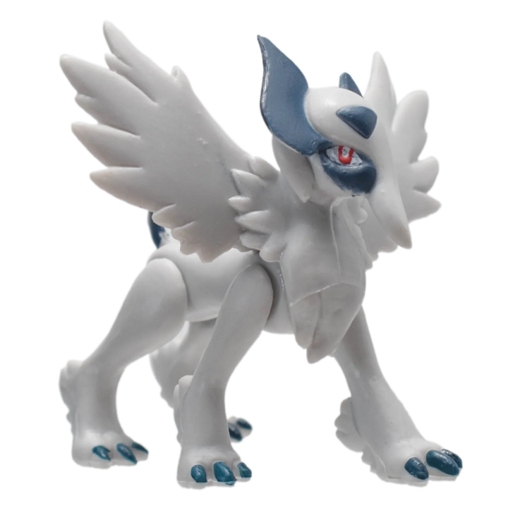White and blue creature figurine with large wings on a white background.