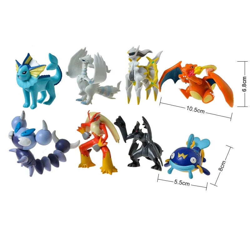 Set of small figurines with measurements on a white background.