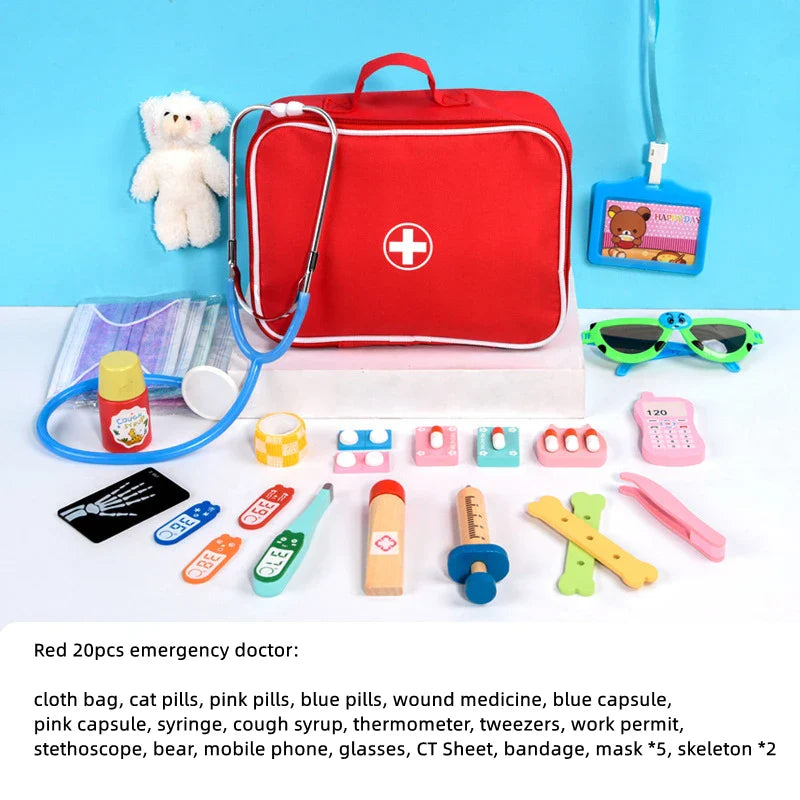 Red emergency doctor bag with medical toys on a blue background.