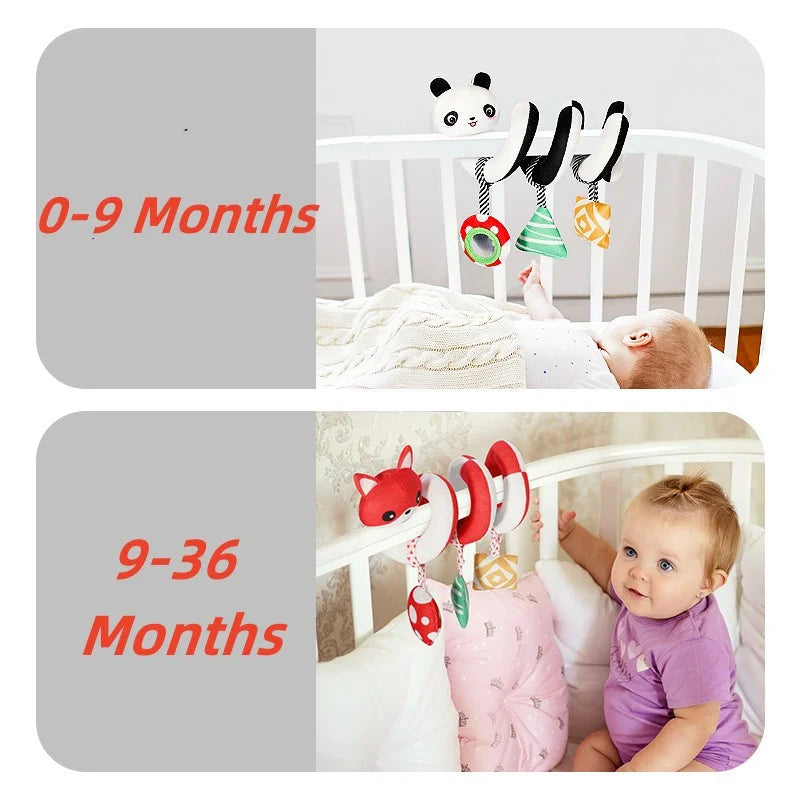 Two images showing baby toys for different age groups in a crib.