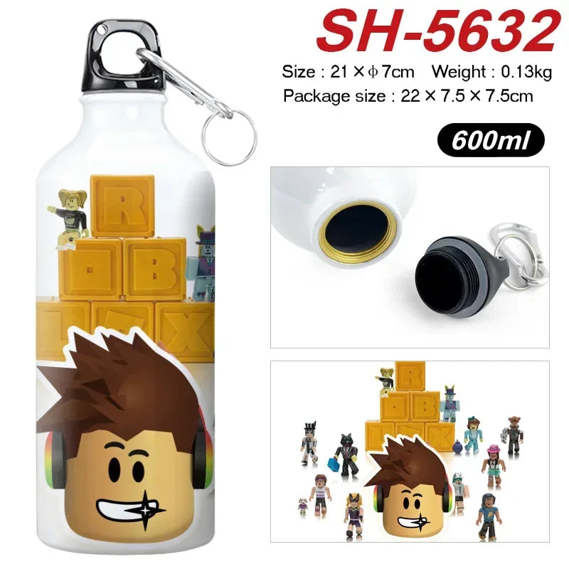 Water bottle with cartoon character design and product details on a white background.