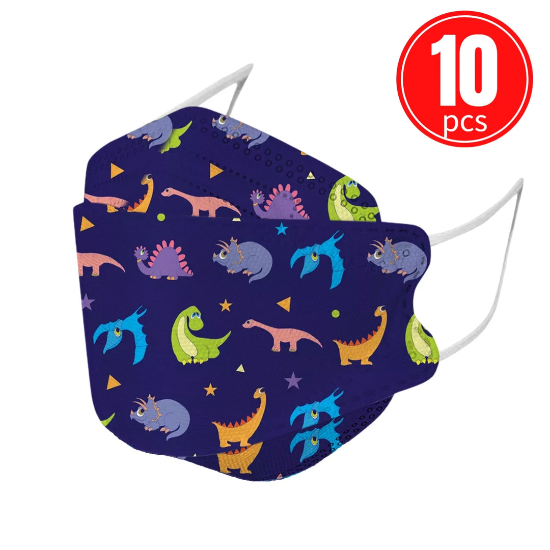 Children's face mask with dinosaur pattern on a blue background, including 10 masks packaging.