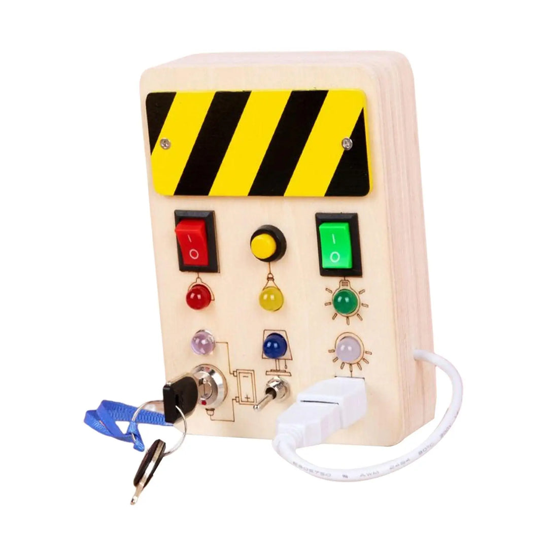 Wooden control panel with colorful buttons and a key on a white background.