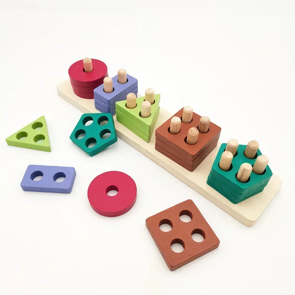 Colorful wooden geometric shape sorting toy on a white background.