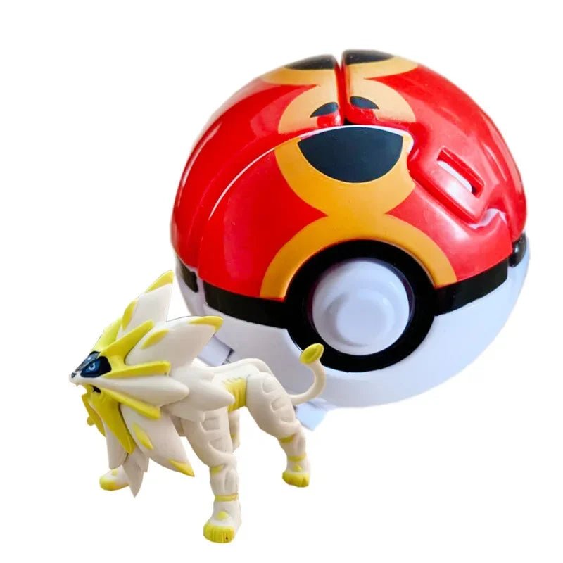 Toy figure of a white and yellow creature with a red and black Poké Ball-like object on a white background.