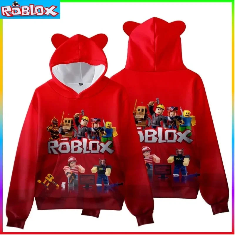 Red hoodie with Roblox characters on a white background.