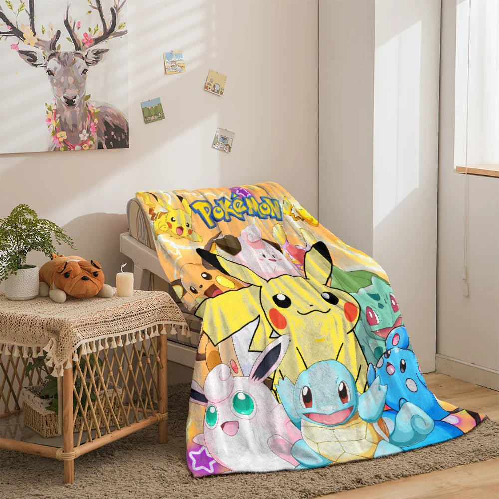 Colorful cartoon blanket with characters draped over a chair in a room.