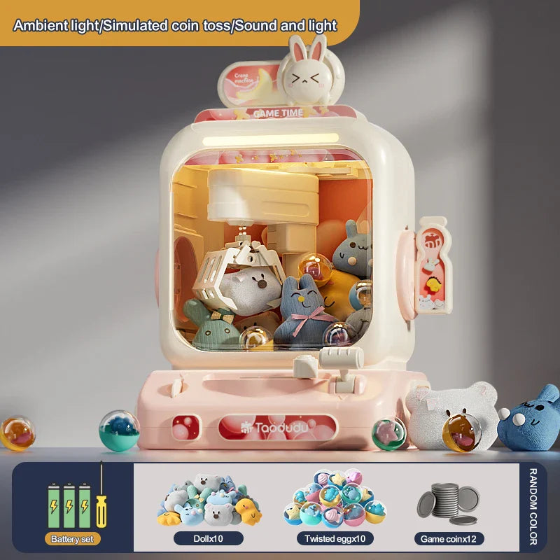 Toy vending machine with animated figures and text indicating features like Ambient light and Simulated coin toss.