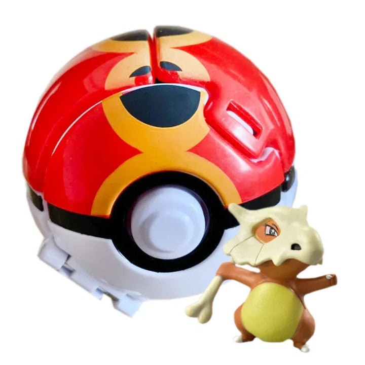 Red and yellow Poké Ball with a small creature figure on a white background.