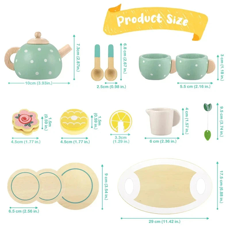 Measurement chart of a children's tea set with various items and their dimensions.