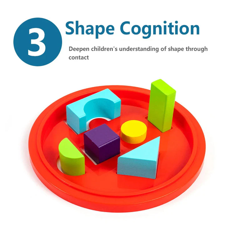 Colorful shape sorting toy on a red tray with text about shape cognition.