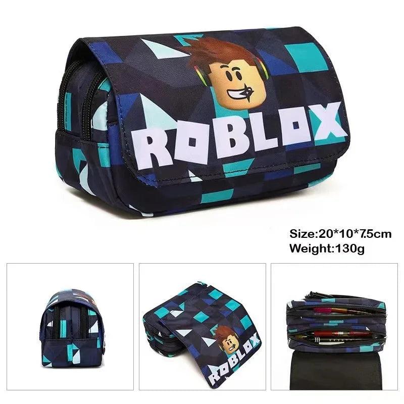 Roblox-themed pencil case with geometric design on a white background.