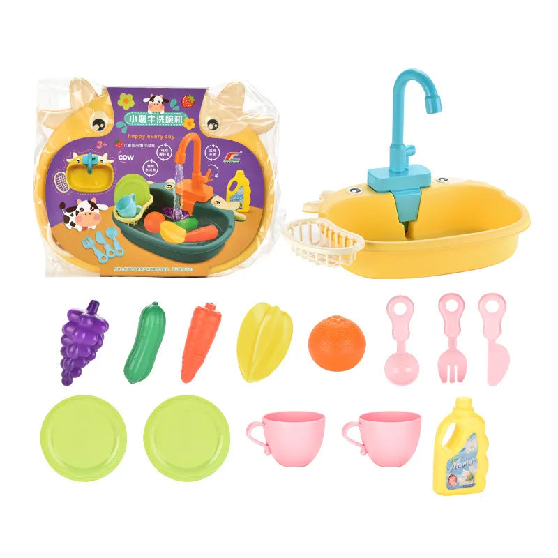 Toy kitchen set with sink, fruits, vegetables, and utensils on a white background.
