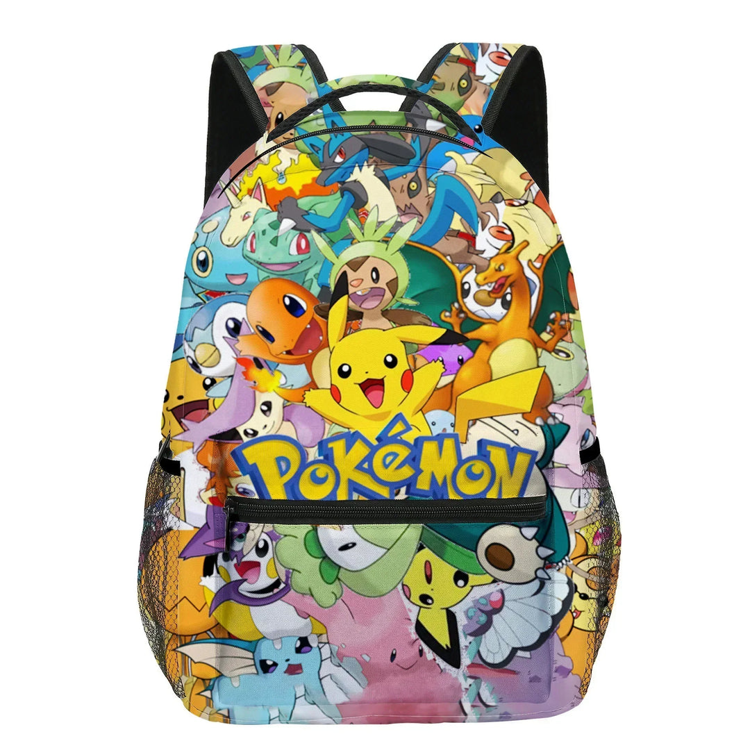 Backpack with colorful Pokémon character design on a white background.