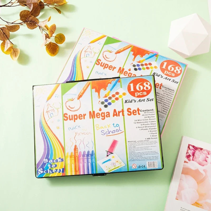 Super Mega Art Set packaging on a light green background with decorative elements.