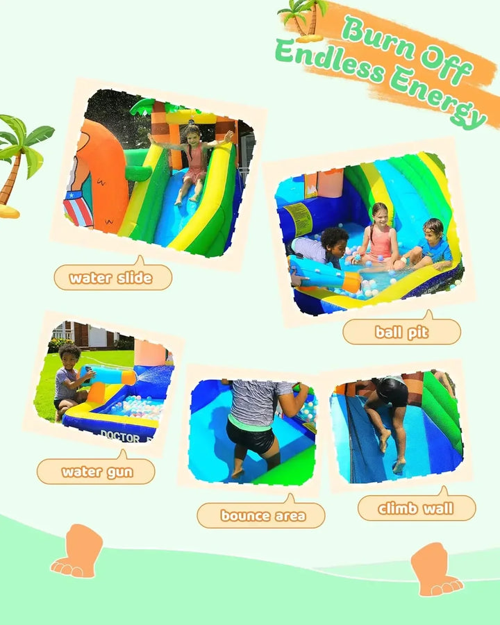Children playing on a colorful inflatable playground with various features.