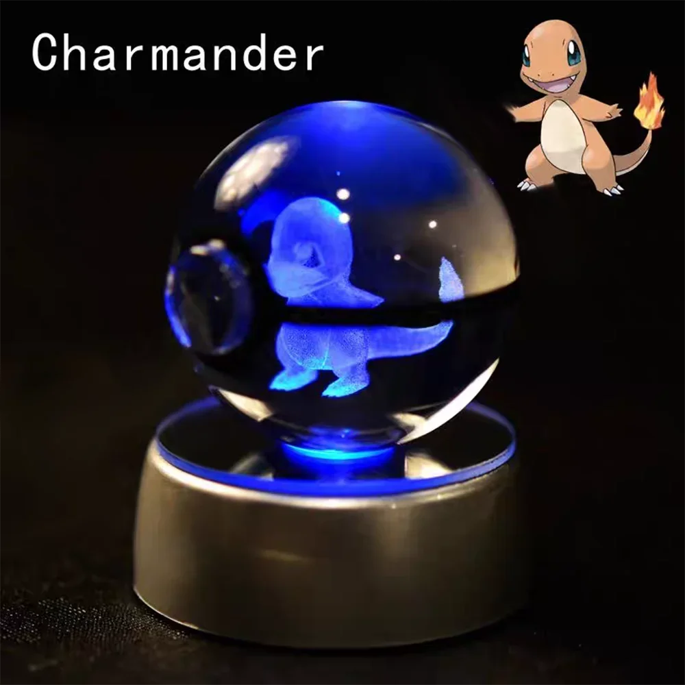 Crystal ball with a blue light displaying an animated Charmander character on a dark background.