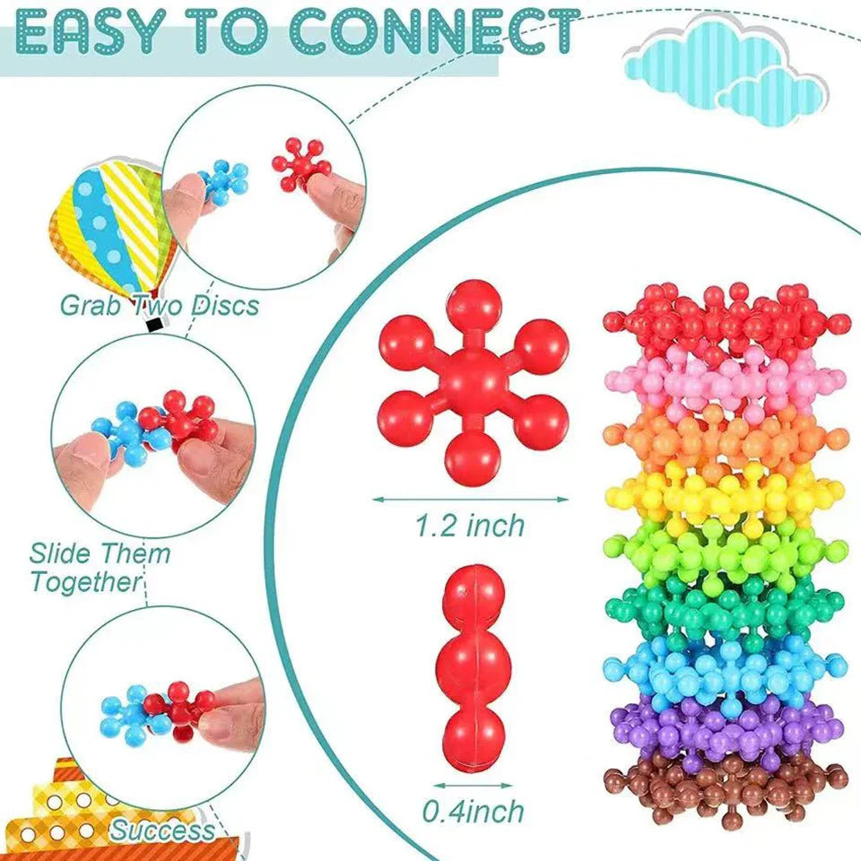Colorful magnetic disc toy with assembly instructions on a white background.