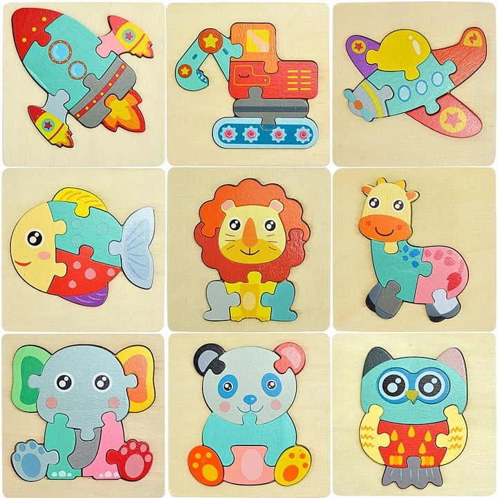 Set of colorful wooden puzzles with animal and vehicle designs on beige background.