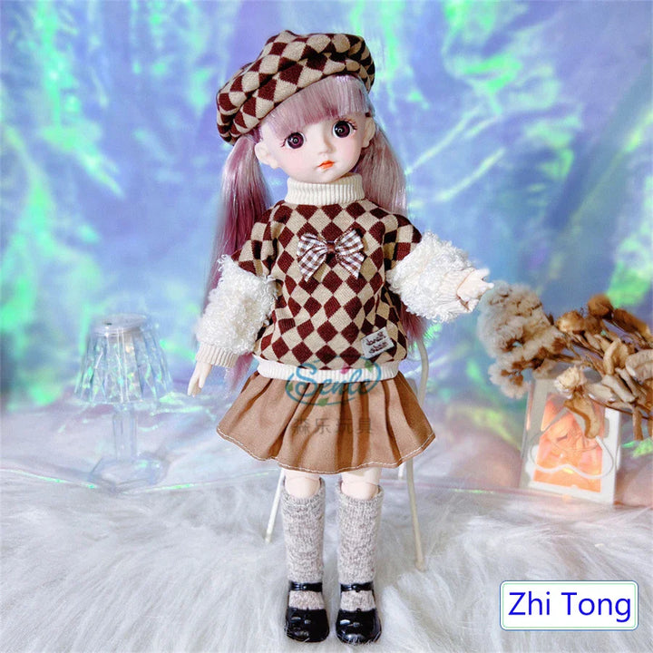 Doll wearing a checkered sweater and beret with a blurred background.