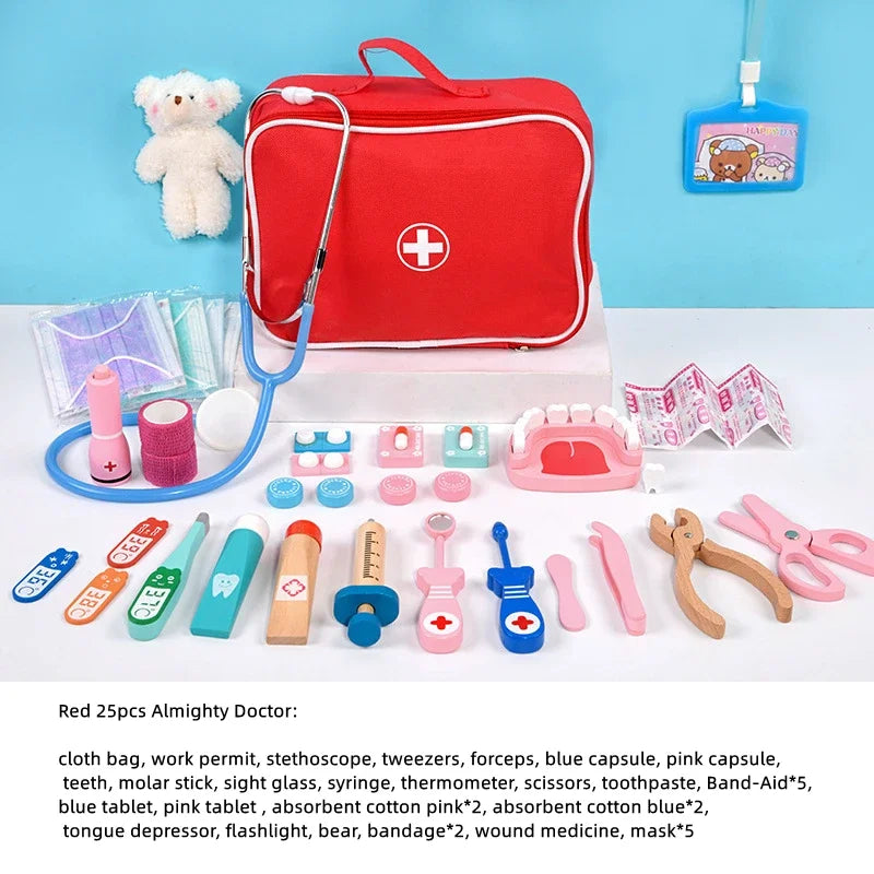 Red doctor's bag with medical tools on a white surface against a blue background.