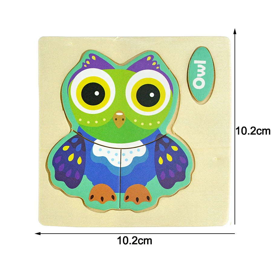 Wooden owl puzzle with measurements on a white background.