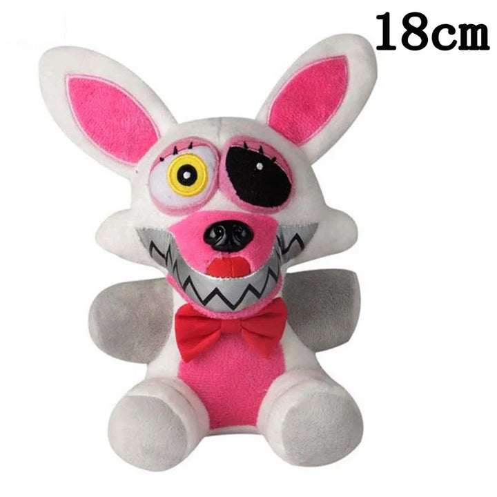 Plush toy with pink ears and bow tie, 18cm tall.