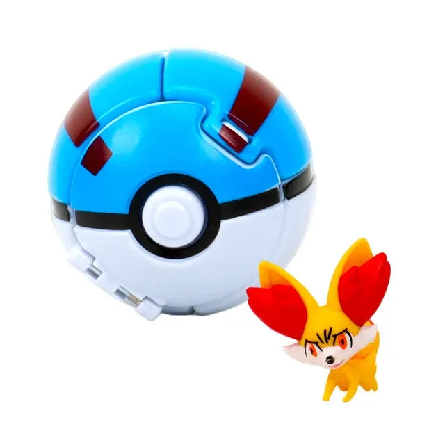 Blue and white Poké Ball with a small figurine on a white background.
