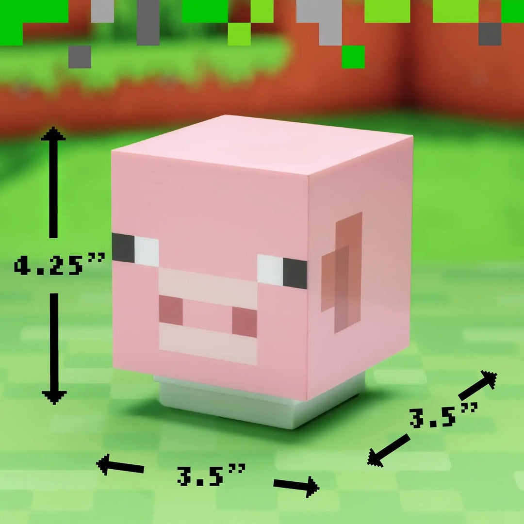 Pink block-like figure with measurements on a green background.