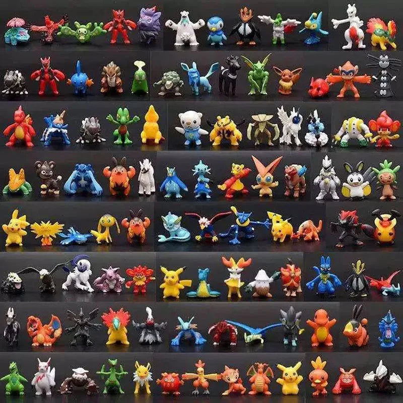 Collection of various small figurines arranged in rows on a black background.