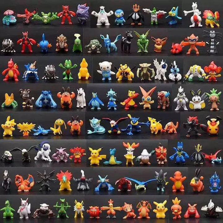 Collection of various small figurines arranged in rows on a black background.