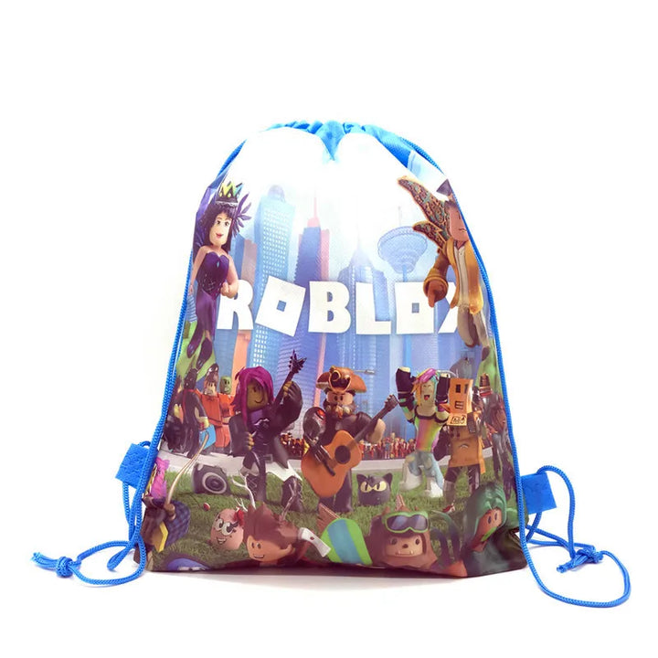 Drawstring bag with colorful design featuring characters and the word Roblox on a white background.