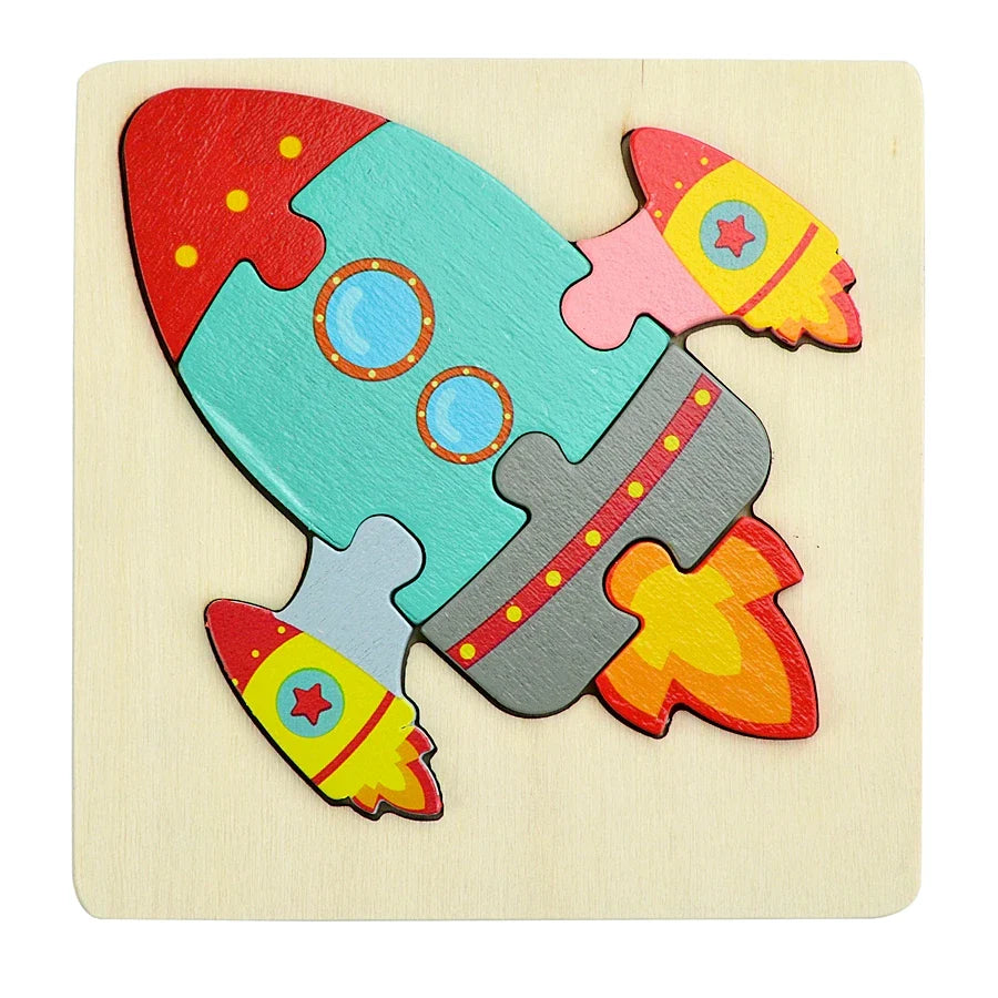 Colorful rocket-shaped wooden puzzle on a beige background.