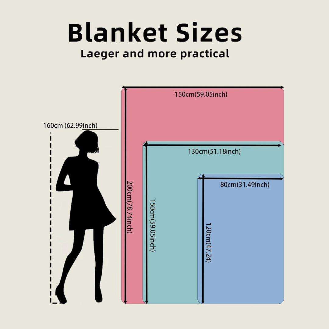 Diagram showing the dimensions of a blanket with a silhouette of a person for scale.