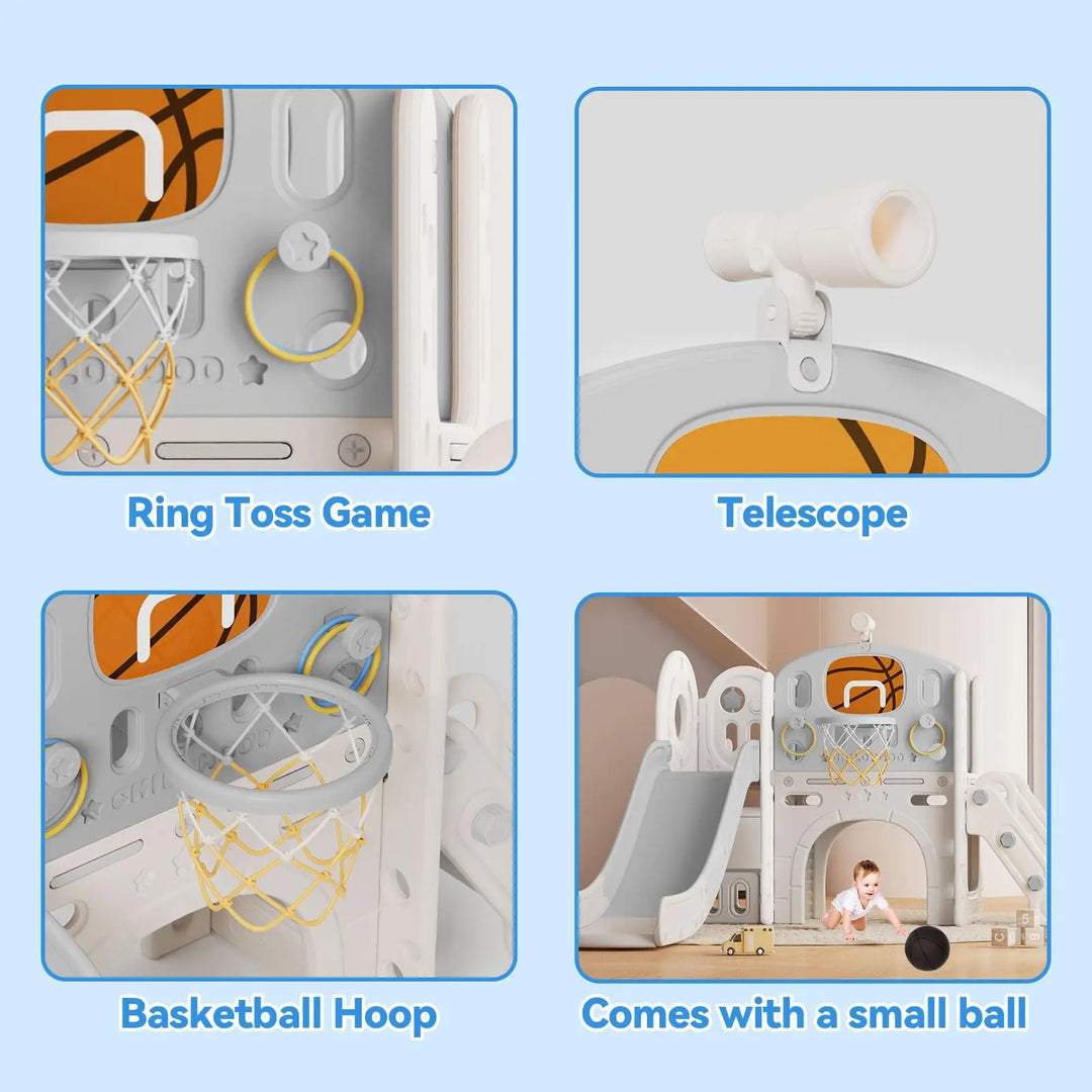 Children's playset with ring toss game, telescope, basketball hoop, and small ball on a light blue background.