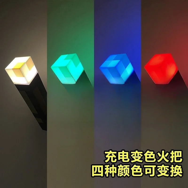 Four colorful cube-shaped lights with a dark background and text in yellow.
