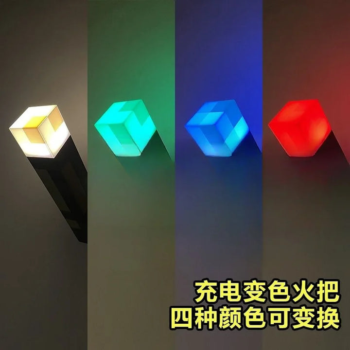 Four colorful cube-shaped lights with a dark background and text in yellow.
