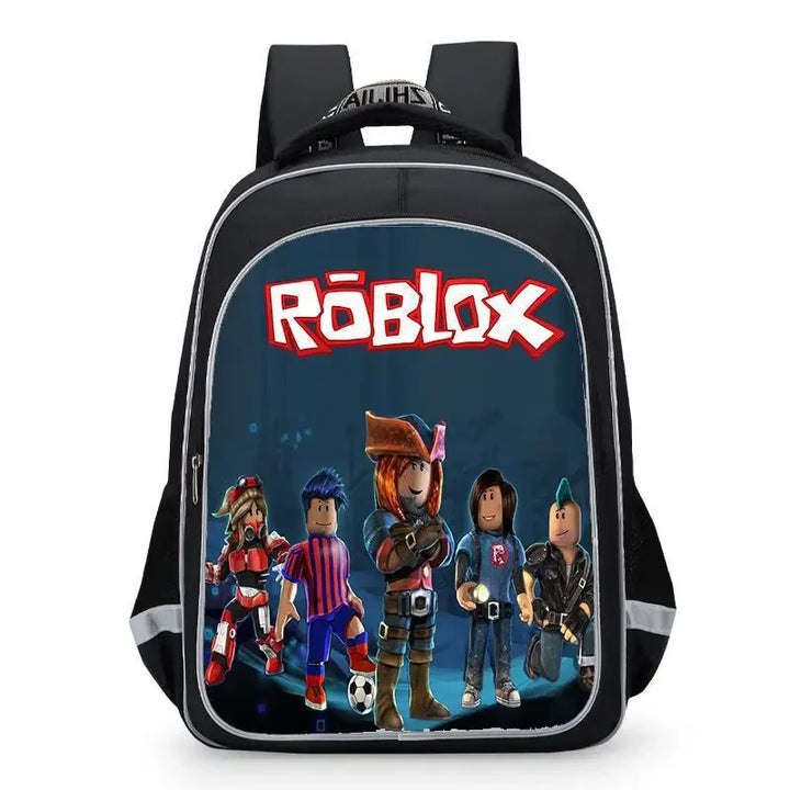 Backpack with Roblox characters and logo on a dark blue background.