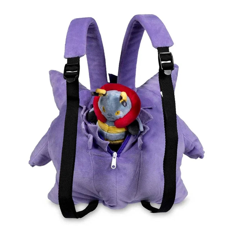 Purple backpack with a small plush toy inside on a white background.