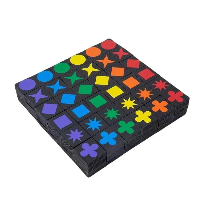 Colorful geometric shape blocks on a black base.