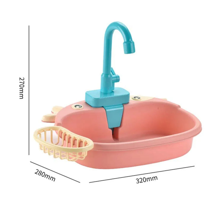 Pink toy sink with blue faucet and measurements on a white background.