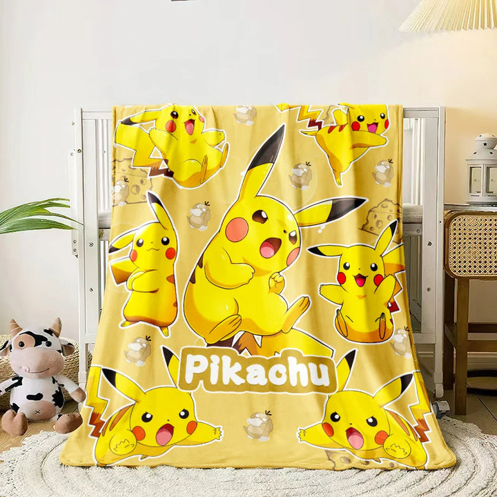 Pikachu-themed curtain with multiple Pikachu illustrations on a yellow background.